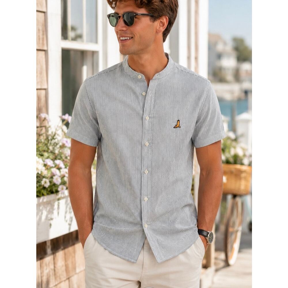 Brave Soul London Striped Band Manderin Collar Button Up Shirt vacation Men’s M